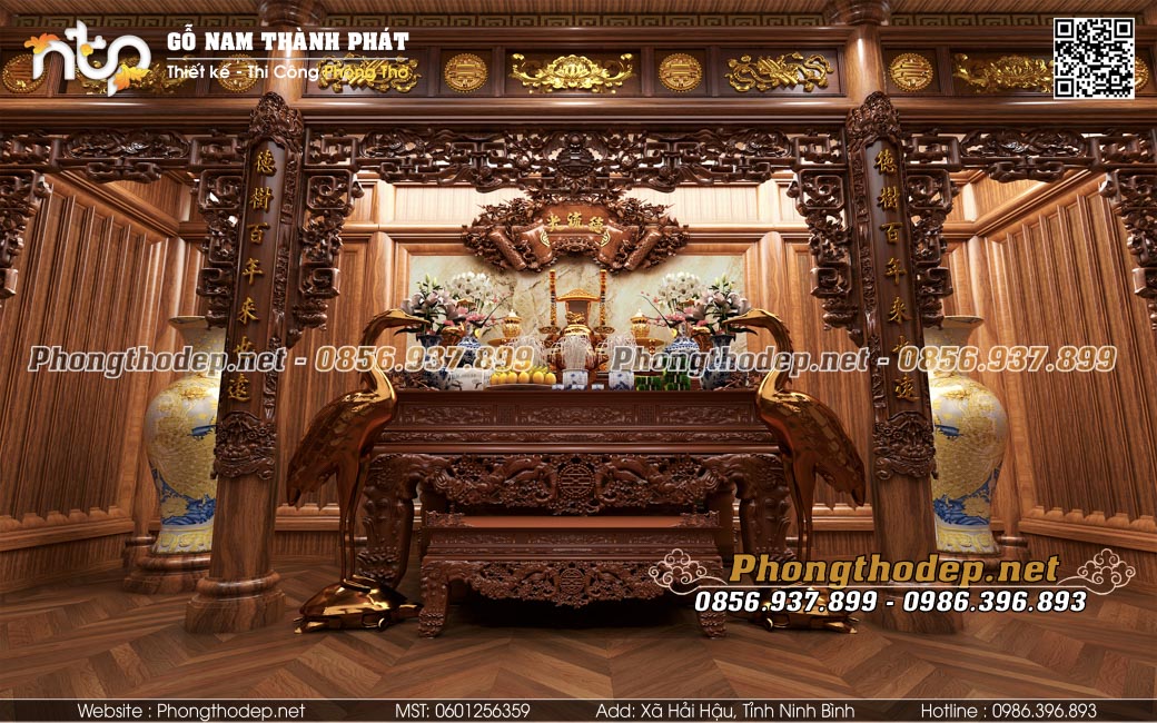 Phòng thờ nhà 3 gian ốp gỗ đẹp sang trọng